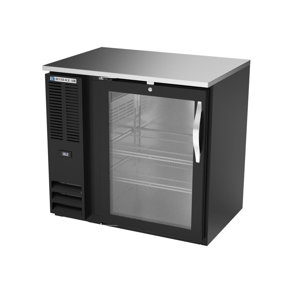 Beverage Air BBN36HC-G-B 36" one glass door back bar cooler, side angle view, door closed