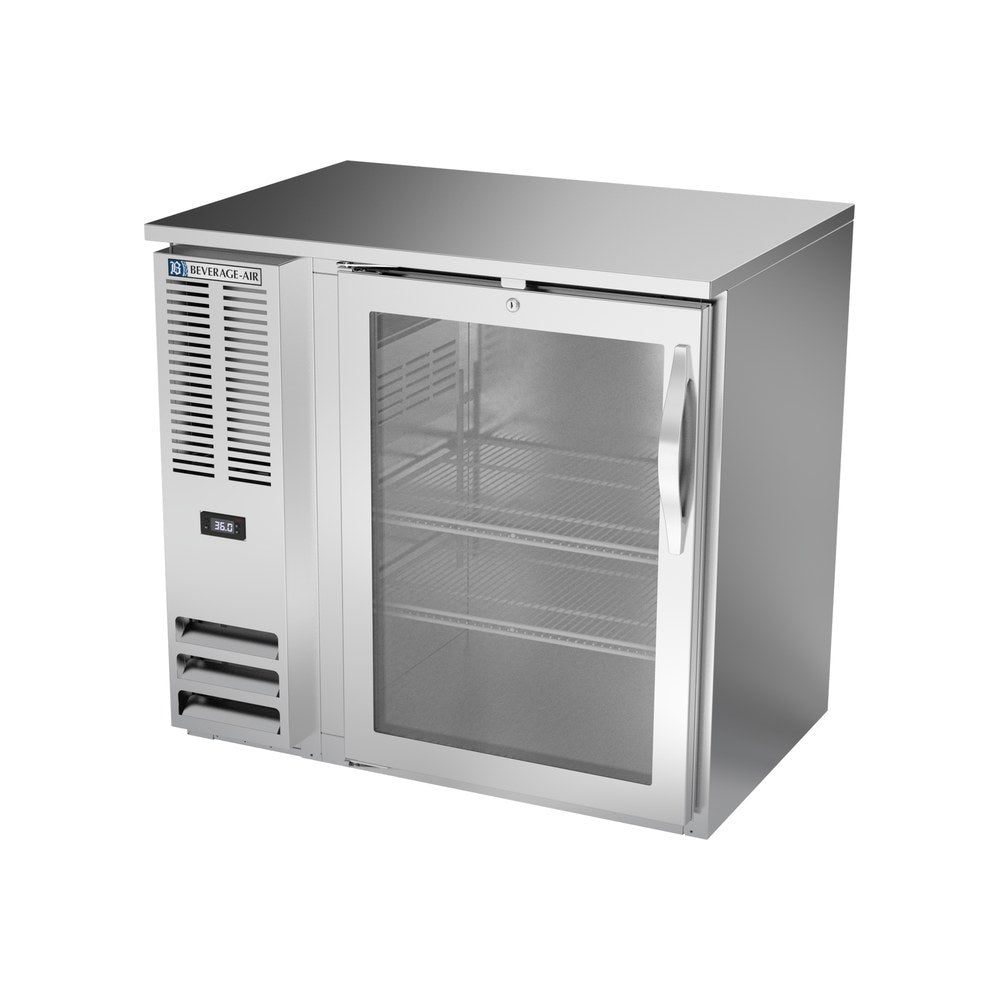 Beverage Air BBN36HC-G-S 36" one glass door back bar cooler, side angle view, door closed