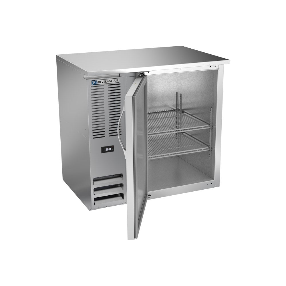 Beverage Air BBN36HC-S 36" one solid door back bar cooler, with the door open showing the interior
