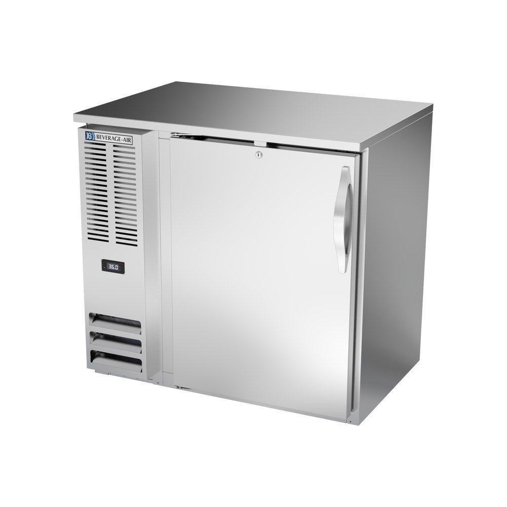 Beverage Air BBN36HC-S 36" one solid door back bar cooler, side angle view, door closed