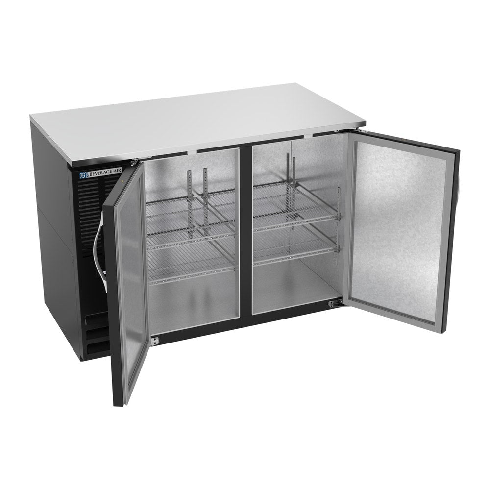Beverage Air BBN48HC-B 48" two solid doors back bar cooler, with the doors open showing the interior