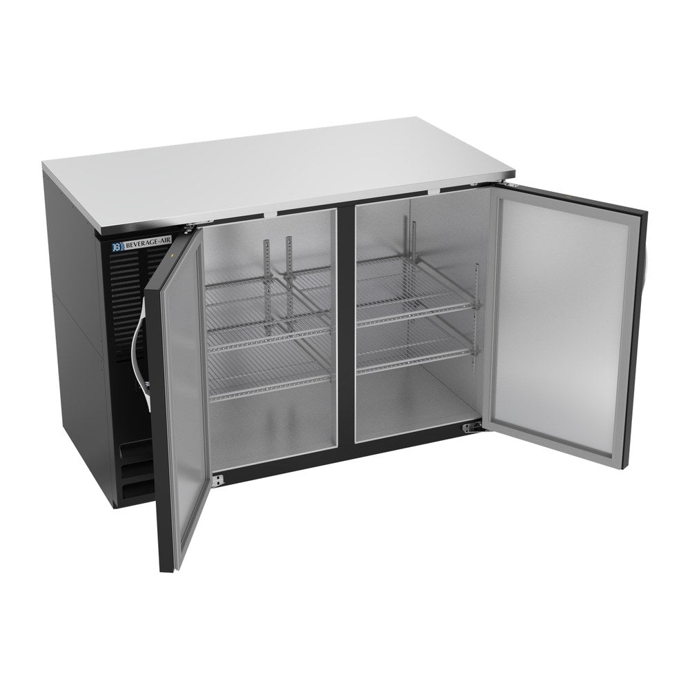 Beverage Air BBN48HC-F-B 48" two solid doors back bar cooler, with the doors open showing the interior
