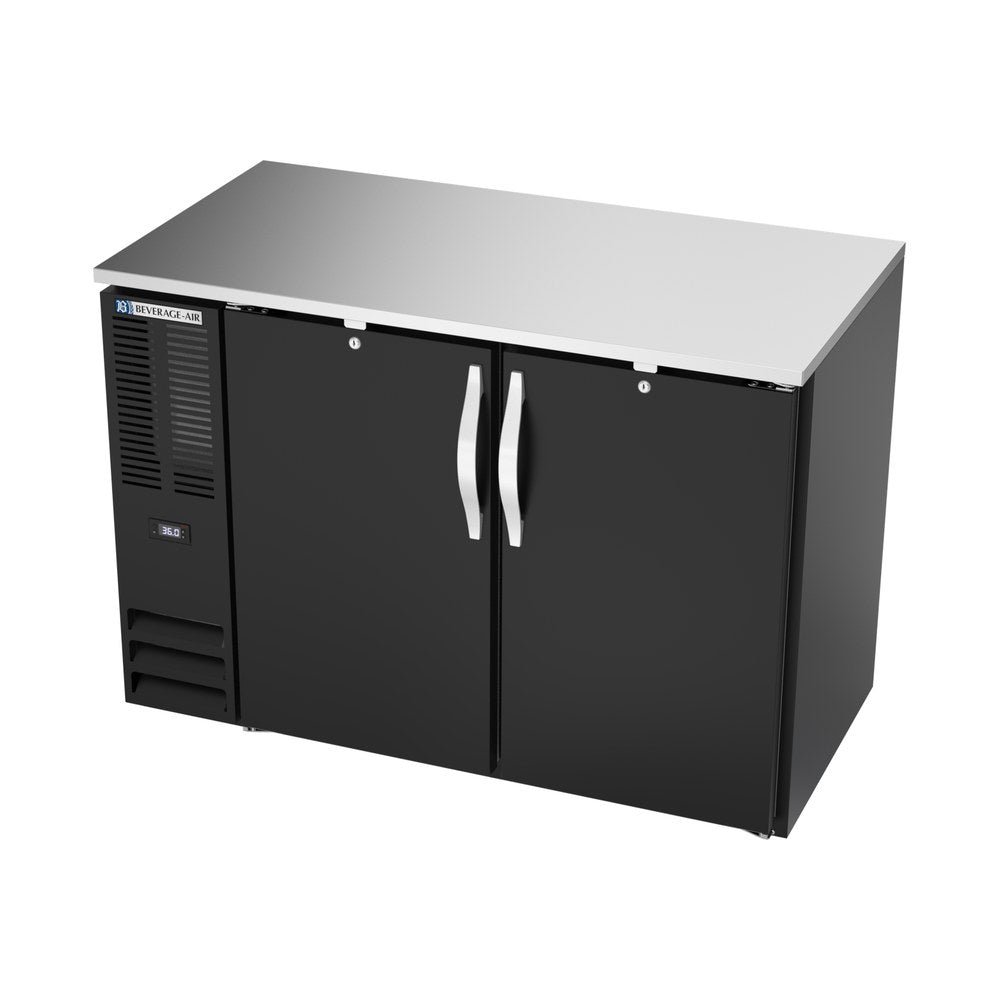 Beverage Air BBN48HC-F-B 48" two solid doors back bar cooler, side angle view, doors closed
