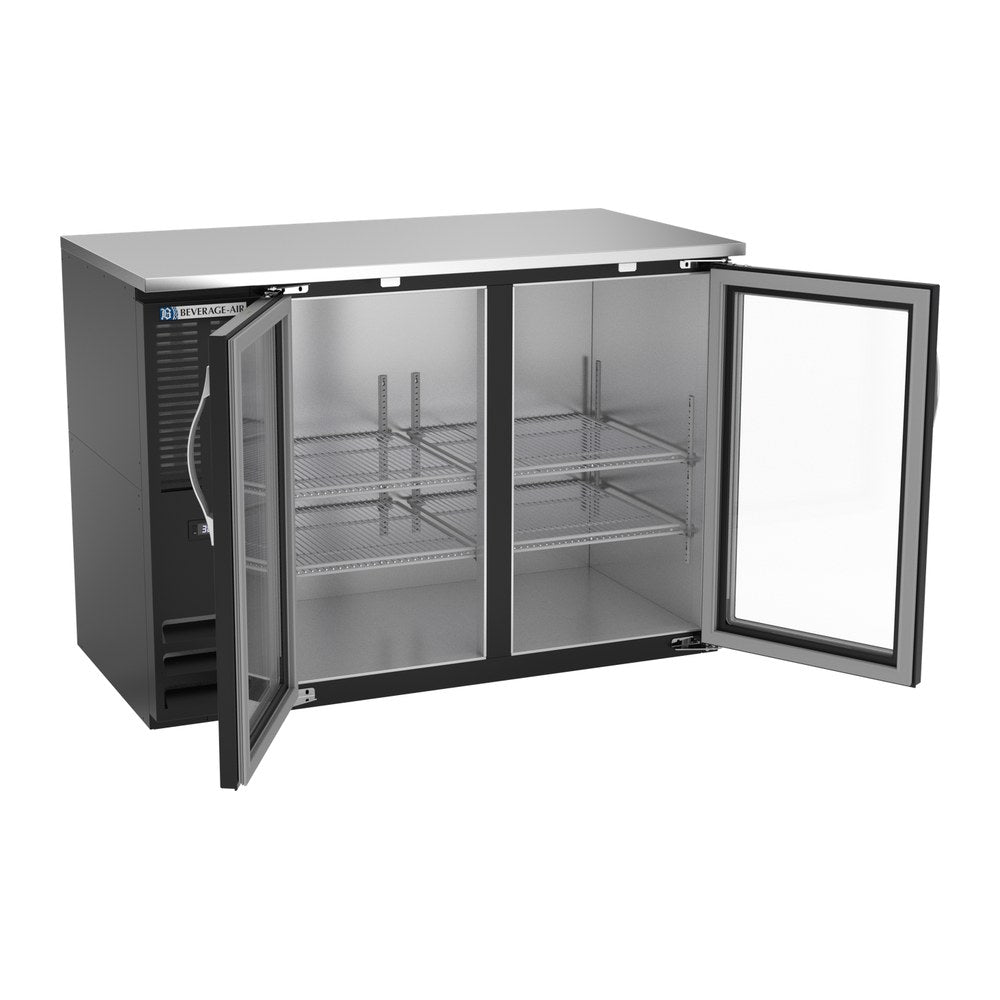 Beverage Air BBN48HC-FG-B 48" two glass doors back bar cooler, with the doors open showing the interior