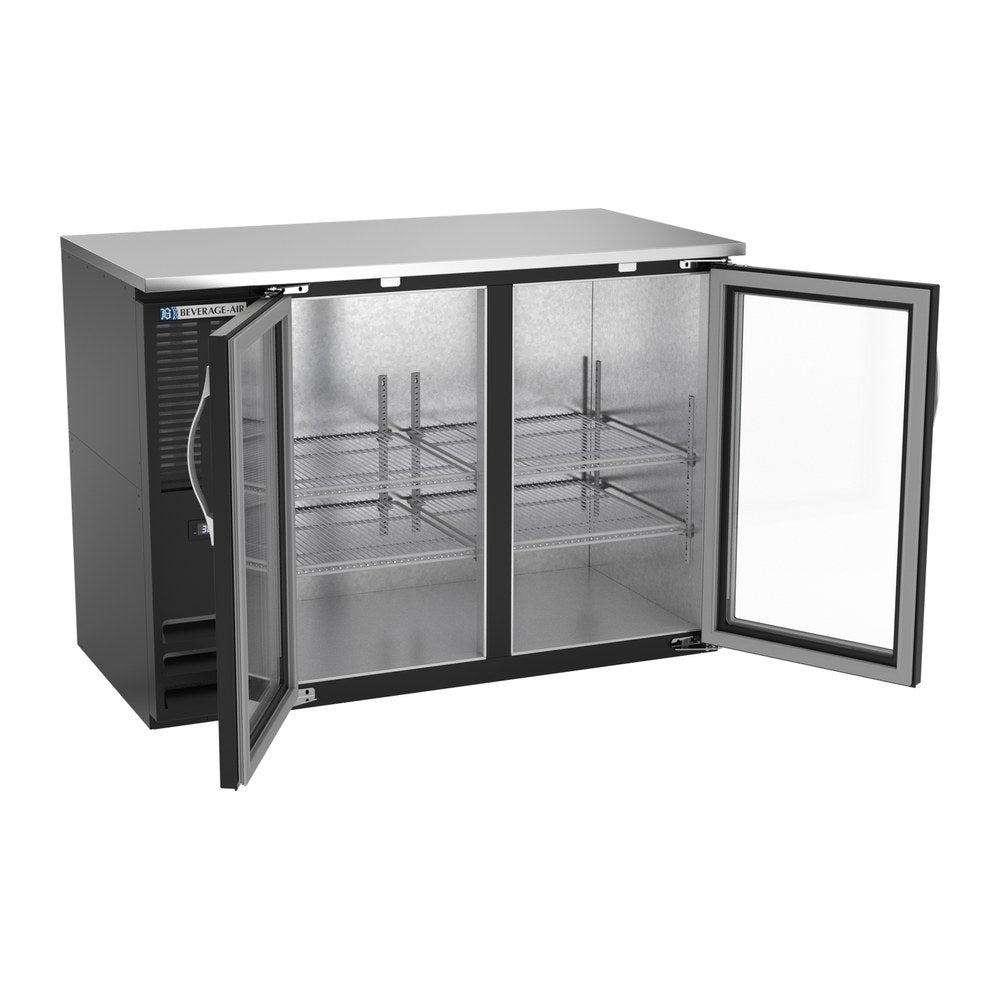 Beverage Air BBN48HC-G-B 48" two glass doors back bar cooler, with the doors open showing the interior