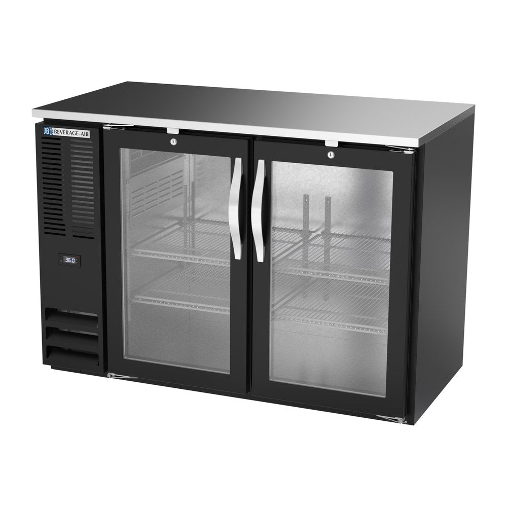 Beverage Air BBN48HC-G-B 48" two glass doors back bar cooler, side angle view, doors closed