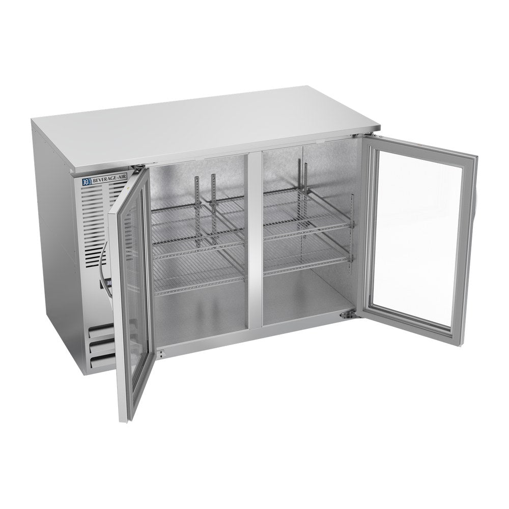 Beverage Air BBN48HC-G-S 48" two glass doors back bar cooler, with the doors open showing the interior