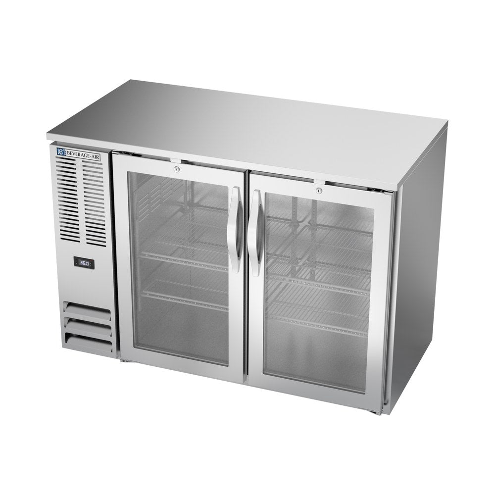 Beverage Air BBN48HC-G-S 48" two glass doors back bar cooler, side angle view, doors closed