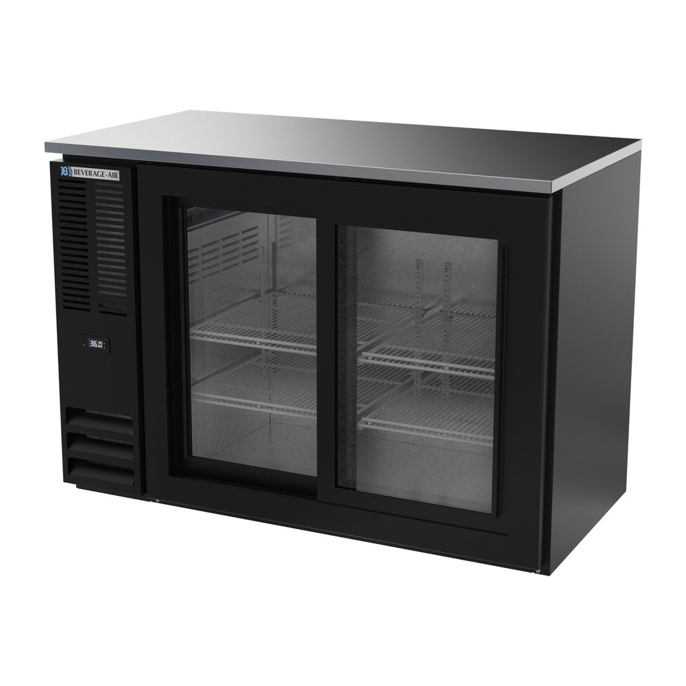 Beverage Air BBN48HC-GS-B 48" two sliding glass doors back bar cooler, side angle view, doors closed