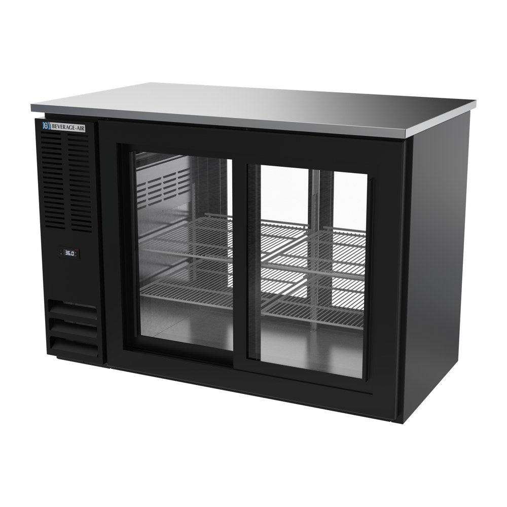 Beverage Air BBN48HC-GS-PT-B 48" four sliding glass doors back bar cooler, side angle view, doors closed