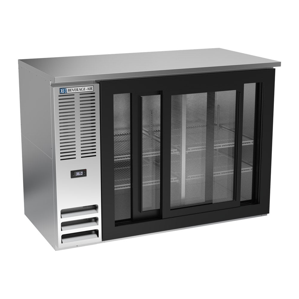 Beverage Air BBN48HC-GS-S 48" two sliding glass doors back bar cooler, with the doors open showing the interior