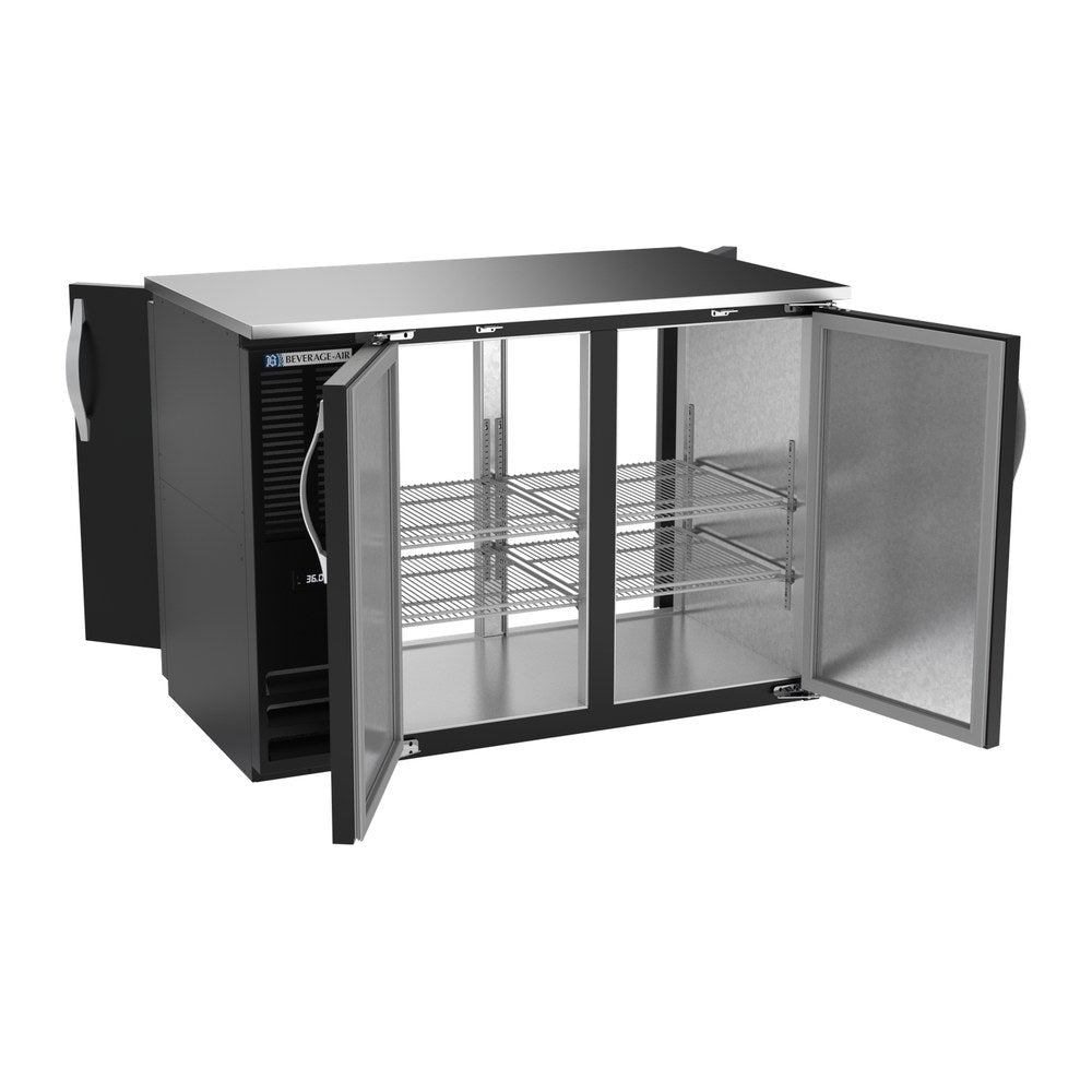 Beverage Air BBN48HC-PT-B 48" four solid doors back bar cooler, with the doors open showing the interior