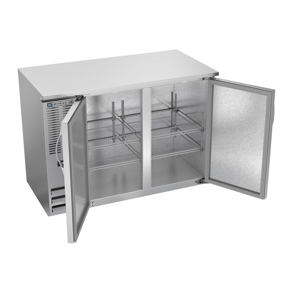 Beverage Air BBN48HC-S 48" two solid doors back bar cooler, with the doors open showing the interior
