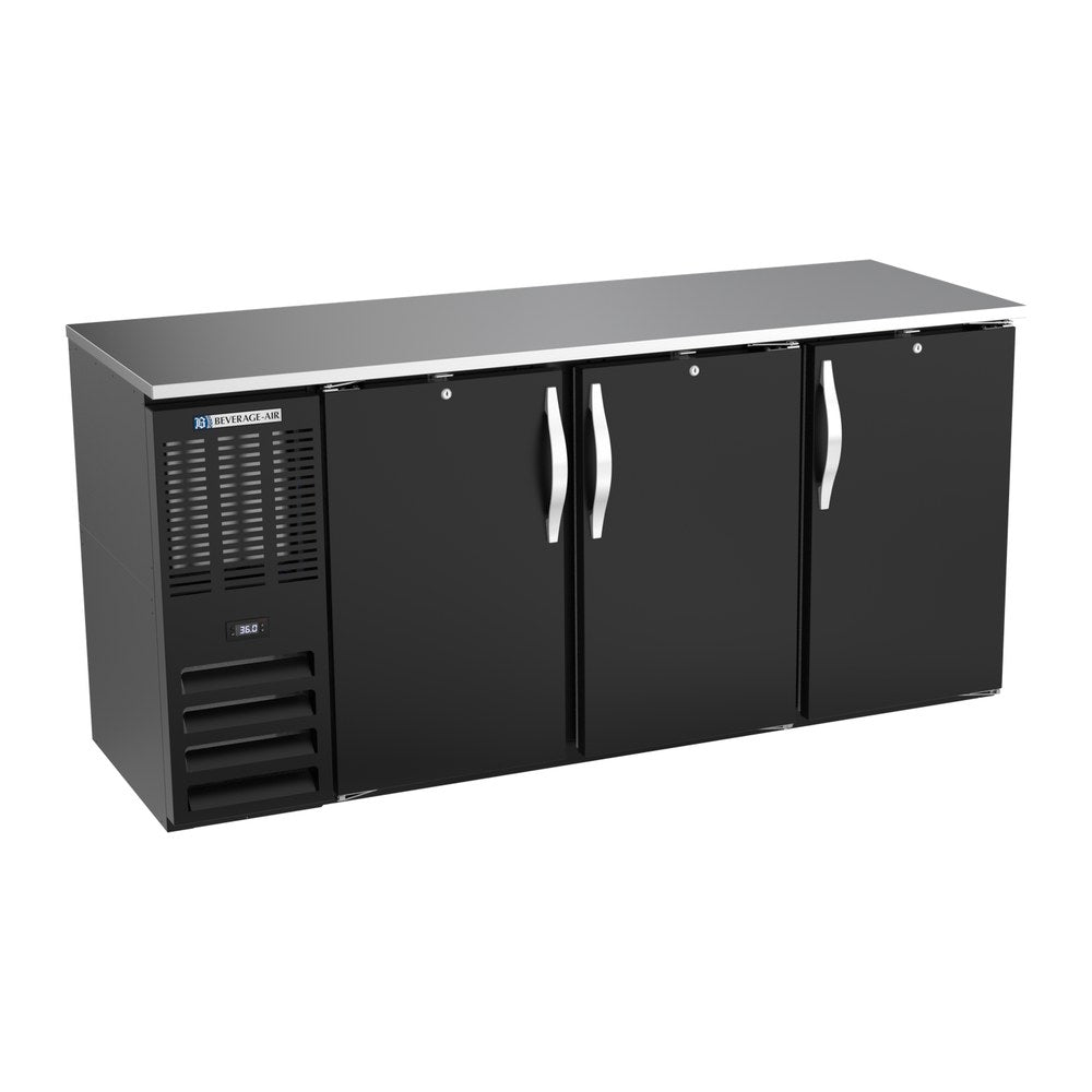 Beverage Air BBN72HC-B 72" three solid doors back bar cooler, front view, doors closed