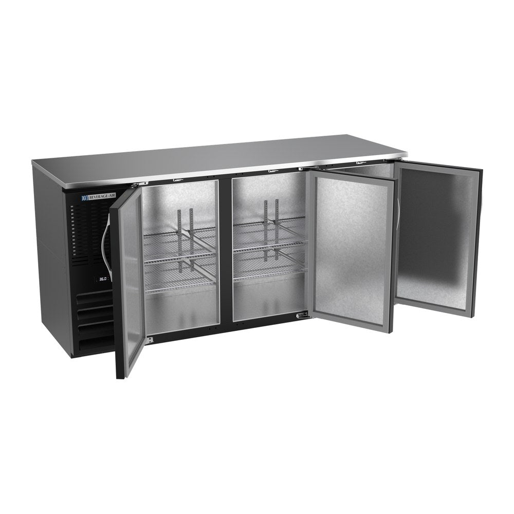 Beverage Air BBN72HC-B 72" three solid doors back bar cooler, with the doors open showing the interior