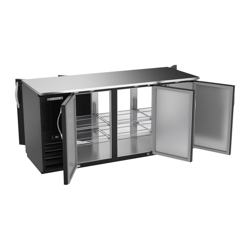 Beverage Air BBN72HC-F-PT-B 72" six solid doors back bar cooler, with the doors open showing the interior
