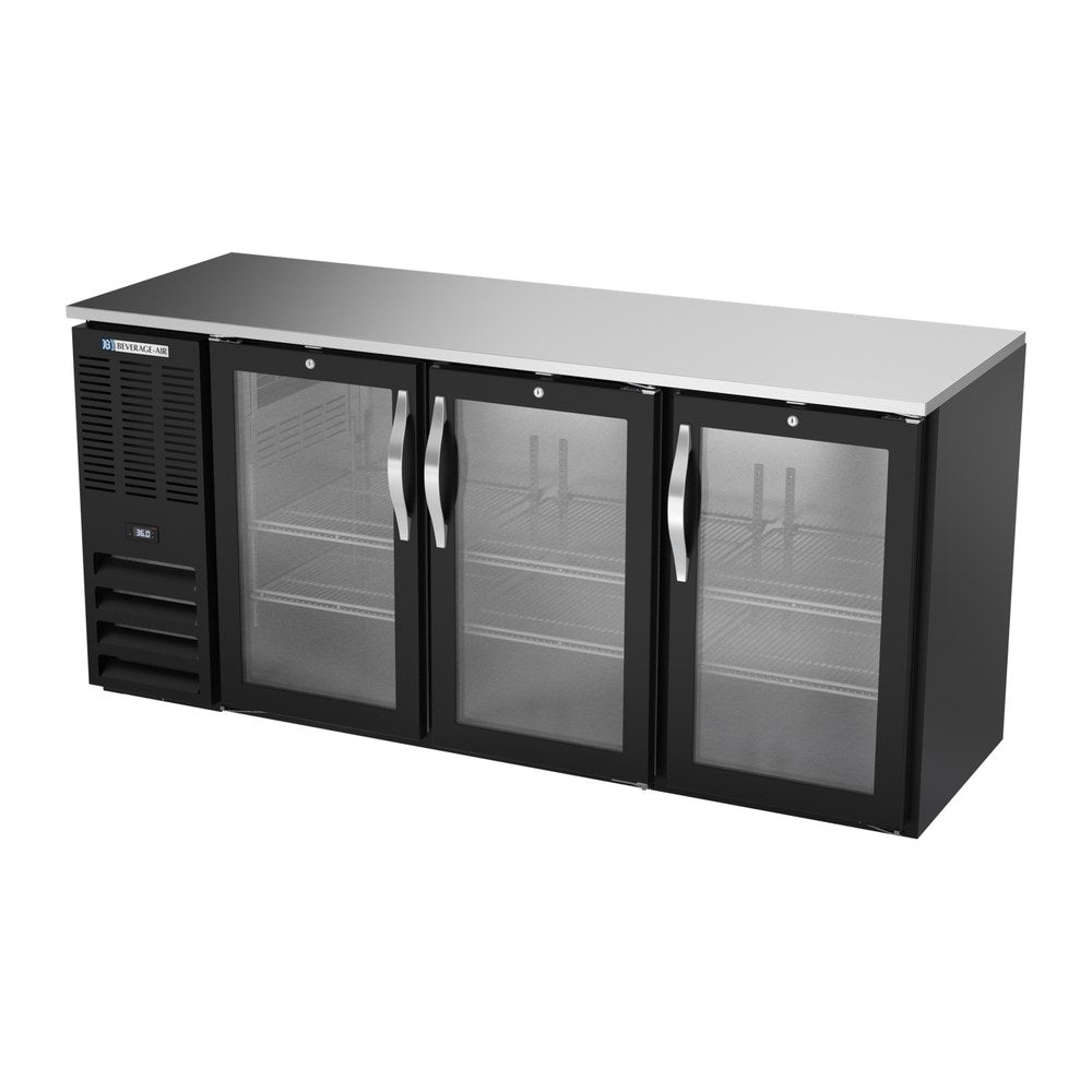 Beverage Air BBN72HC-FG-B 72" three glass doors back bar cooler, side angle view, doors closed