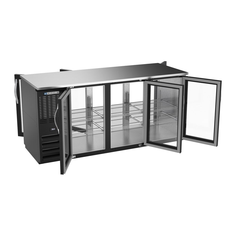 Beverage Air BBN72HC-G-PT-B 72" six glass doors back bar cooler, with the doors open showing the interior