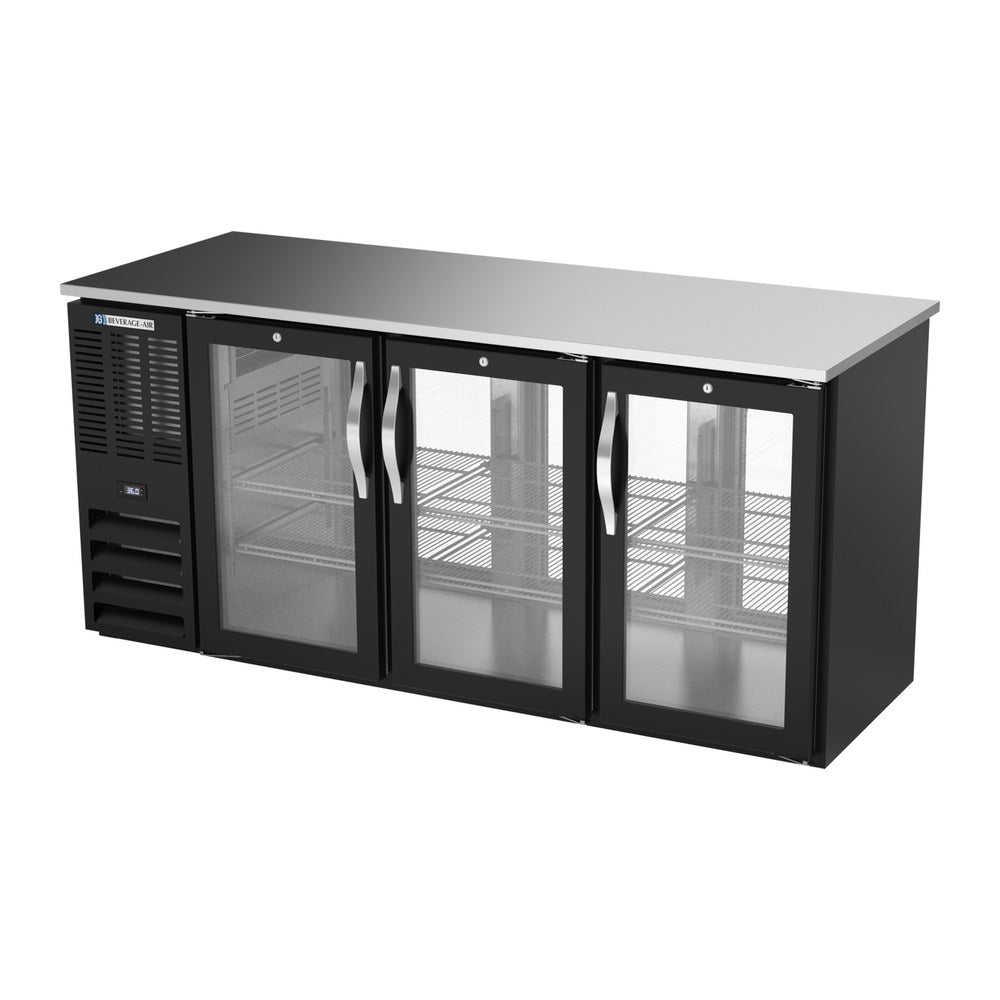 Beverage Air BBN72HC-G-PT-B 72" six glass doors back bar cooler, side angle view, doors closed
