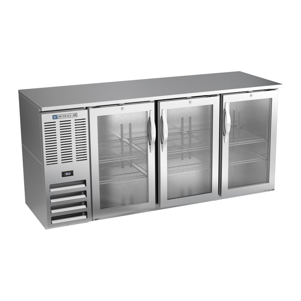 Beverage Air BBN72HC-G-S 72" three glass doors back bar cooler, front view, doors closed