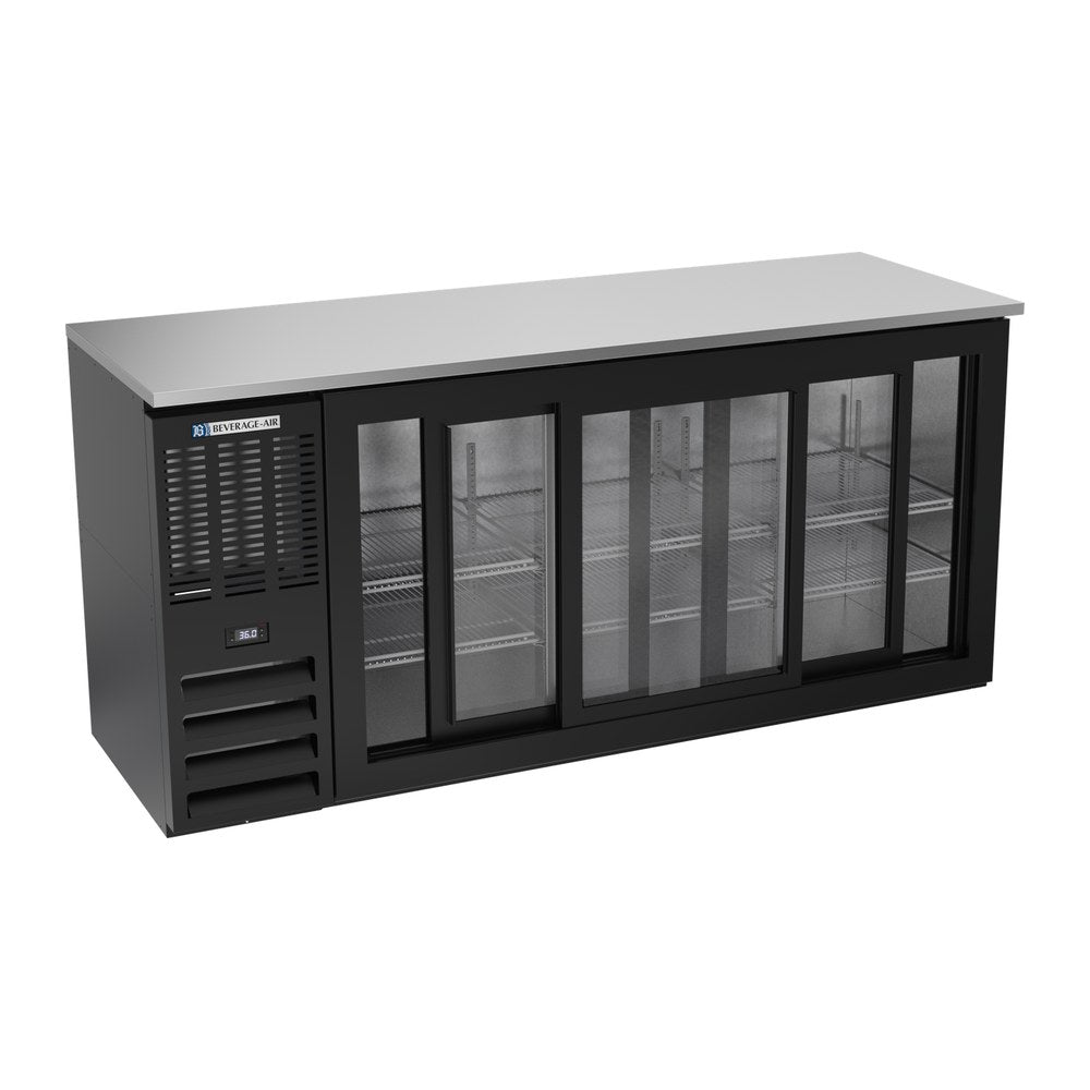 Beverage Air BBN72HC-GS-B 72" three sliding glass doors back bar cooler, with the doors open showing the interior