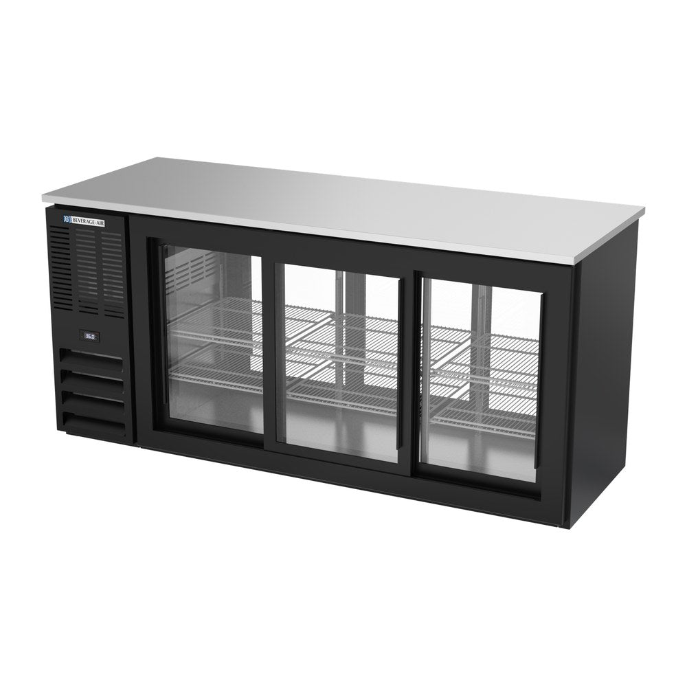 Beverage Air BBN72HC-GS-PT-B 72" six sliding glass doors back bar cooler, side angle view, doors closed