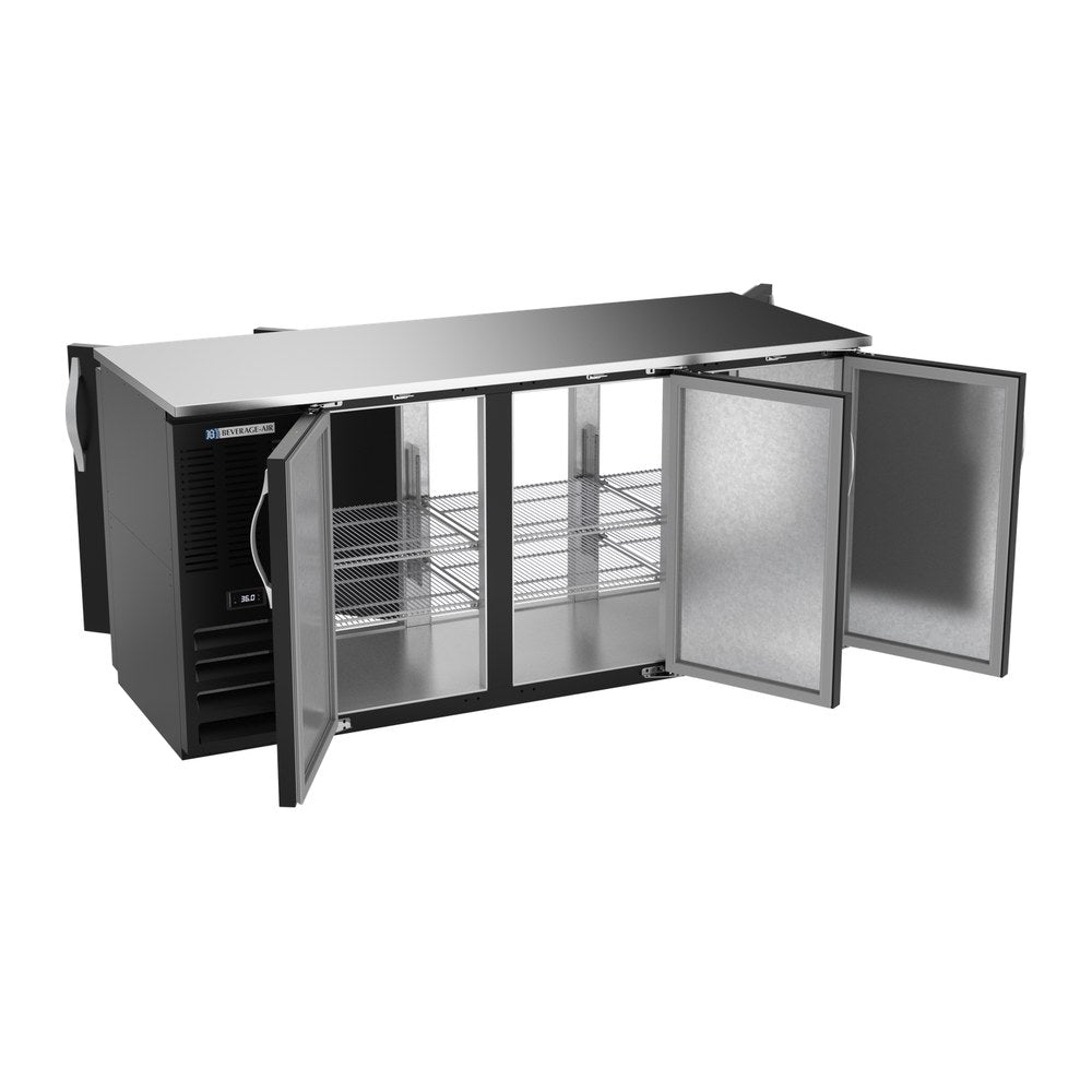 Beverage Air BBN72HC-PT-B 72" six solid doors back bar cooler, with the doors open showing the interior