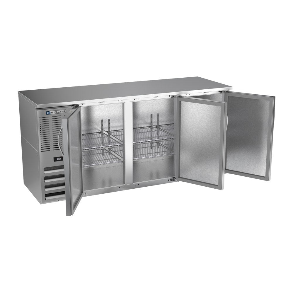 Beverage Air BBN72HC-S 72" three solid doors back bar cooler, with the doors open showing the interior