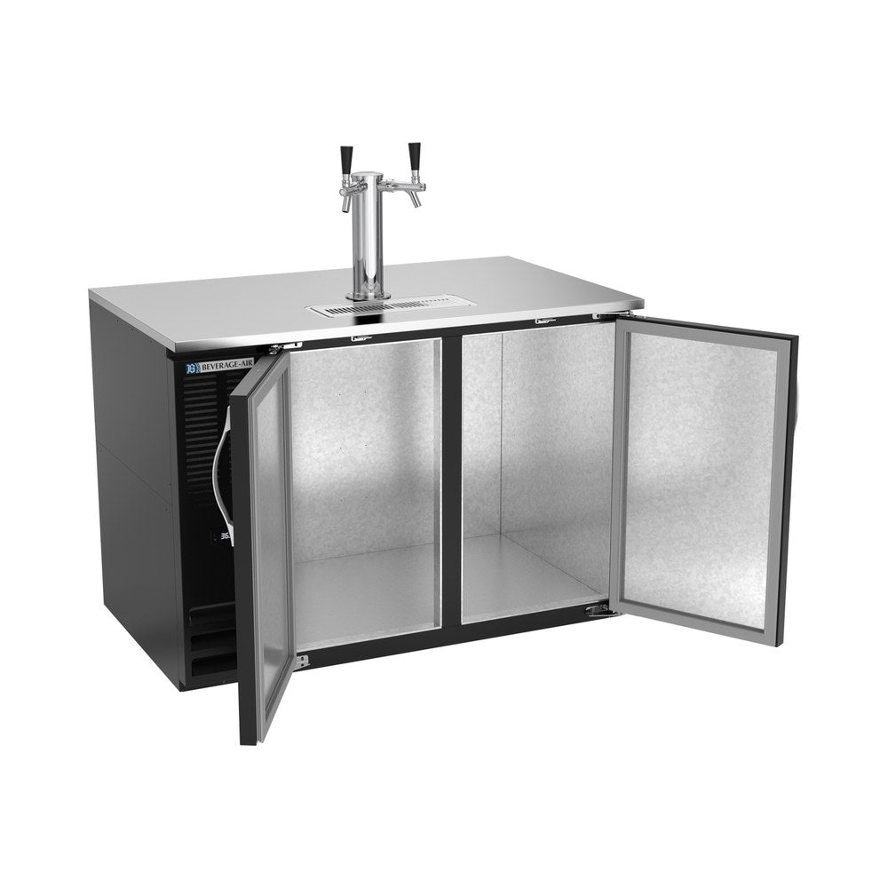 Beverage Air DD48HC-B 48" two solid doors beer dispenser, with the doors open showing the interior