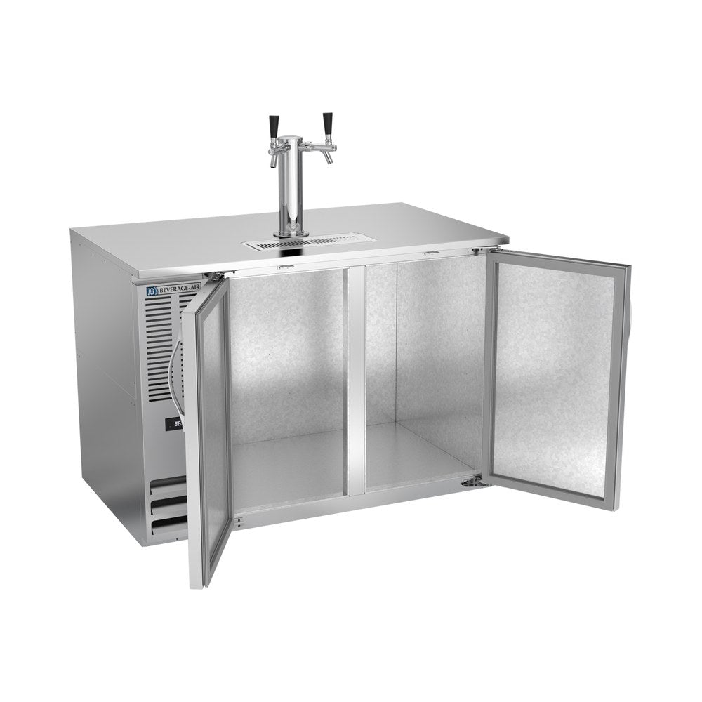 Beverage Air DD48HC-S 48" two solid doors beer dispenser, with the doors open showing the interior