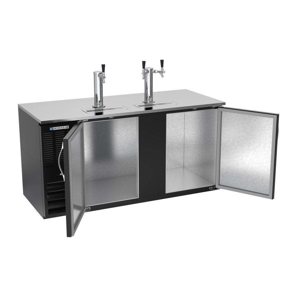 Beverage Air DD68HC-B 68" two solid doors beer dispenser, with the doors open showing the interior