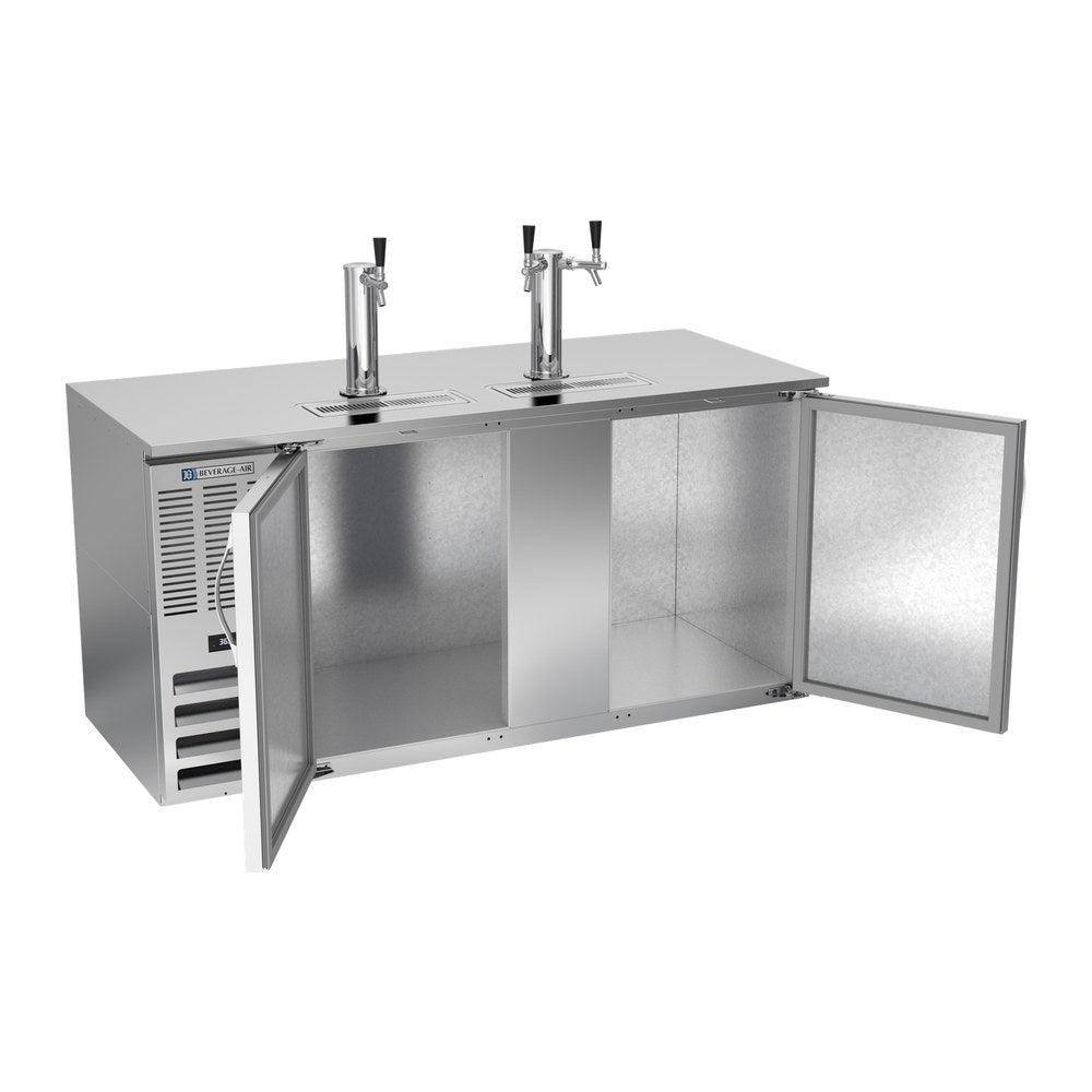 Beverage Air DD68HC-S 68" two solid doors beer dispenser, with the doors open showing the interior