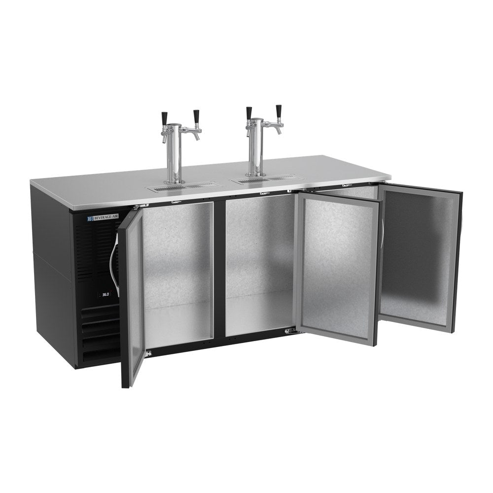 Beverage Air DD72HC-B 72" three solid doors beer dispenser, with the doors open showing the interior