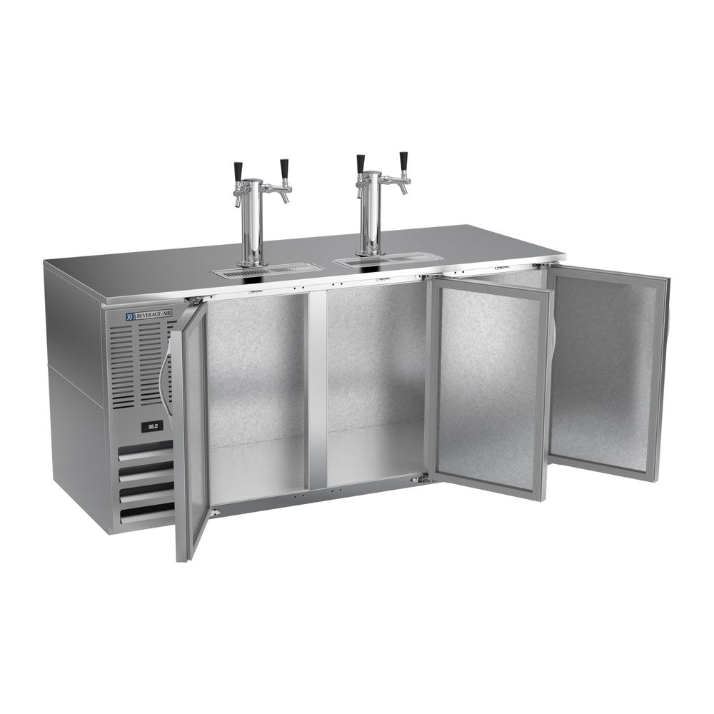 Beverage Air DD72HC-S 72" three solid doors beer dispenser, with the doors open showing the interior