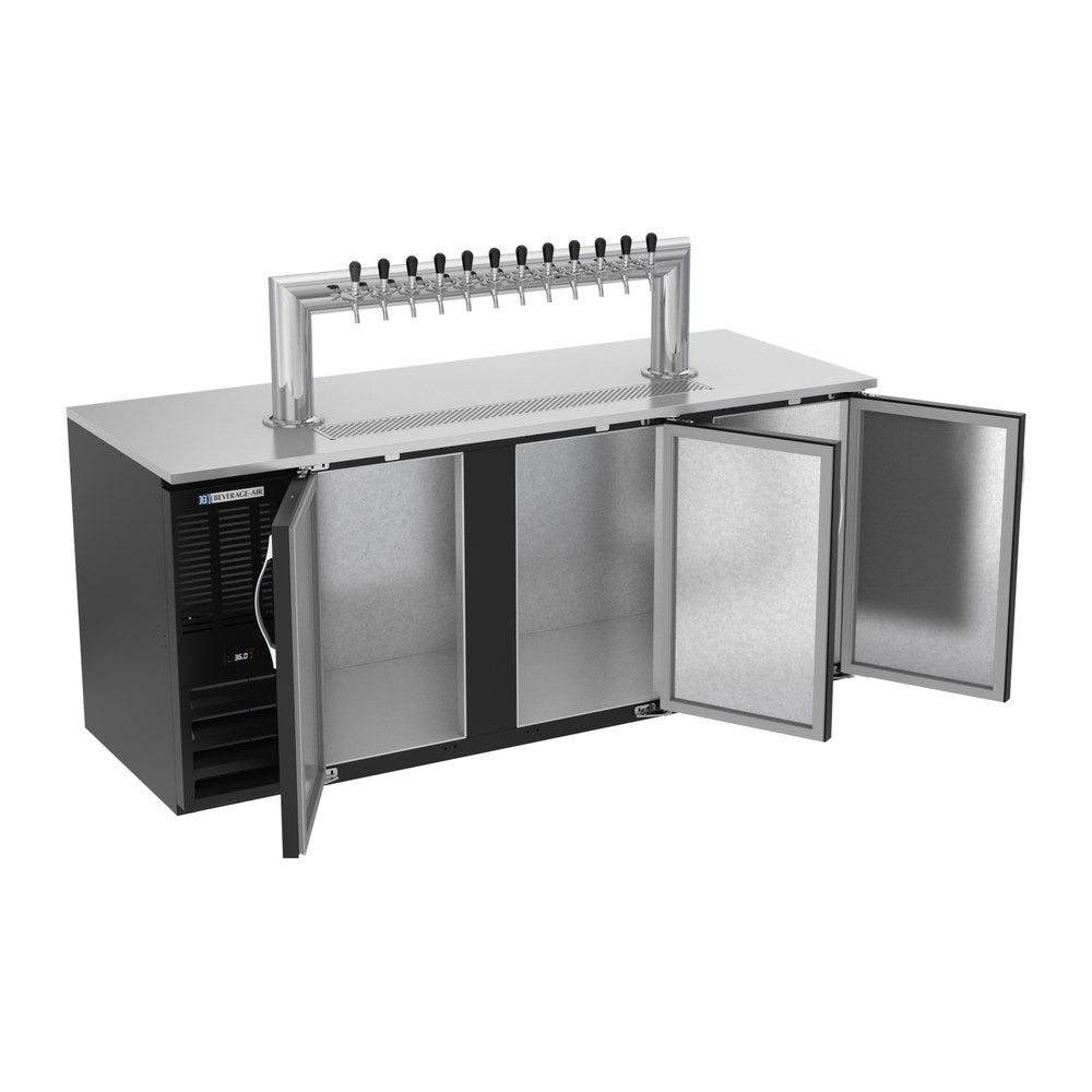 Beverage Air DD78HC-B-12T 78" three solid doors beer dispenser, with the doors open showing the interior