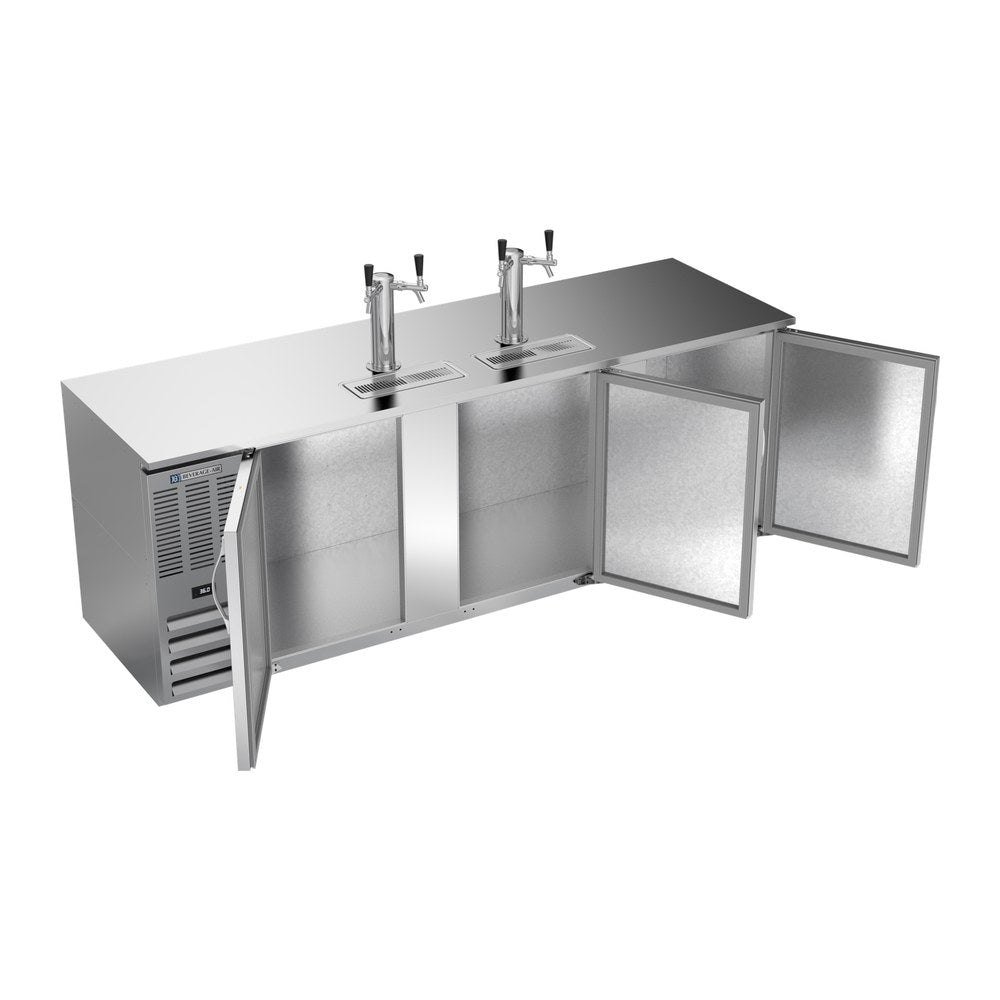 Beverage Air DD94HC-S 94" three solid doors beer dispenser, with the doors open showing the interior