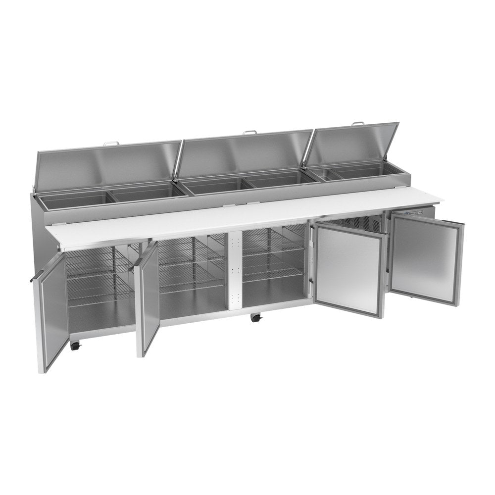 Beverage Air DP119HC 119" four doors pizza prep table, with the doors open showing the interior
