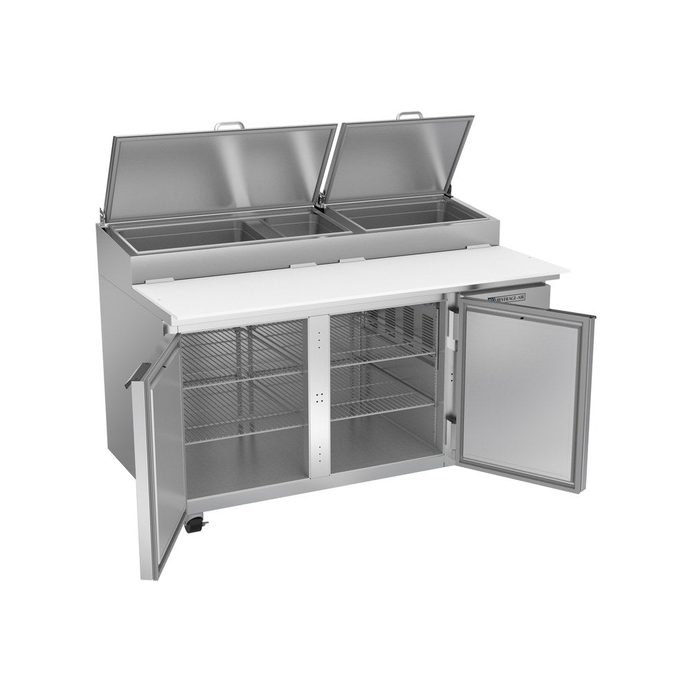 Beverage Air DP60HC 60" two doors pizza prep table, with the doors open showing the interior