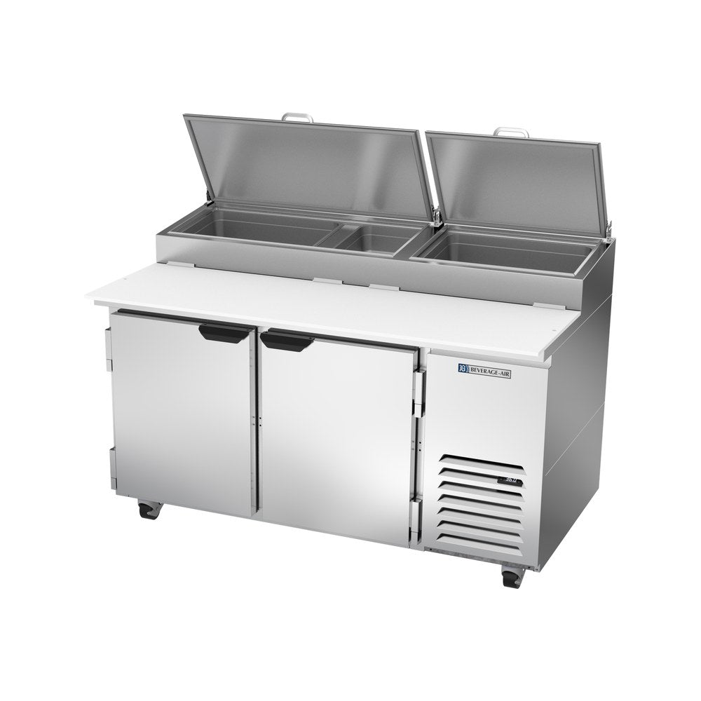 Beverage Air DP60HC 60" two doors pizza prep table, side angle view, doors closed