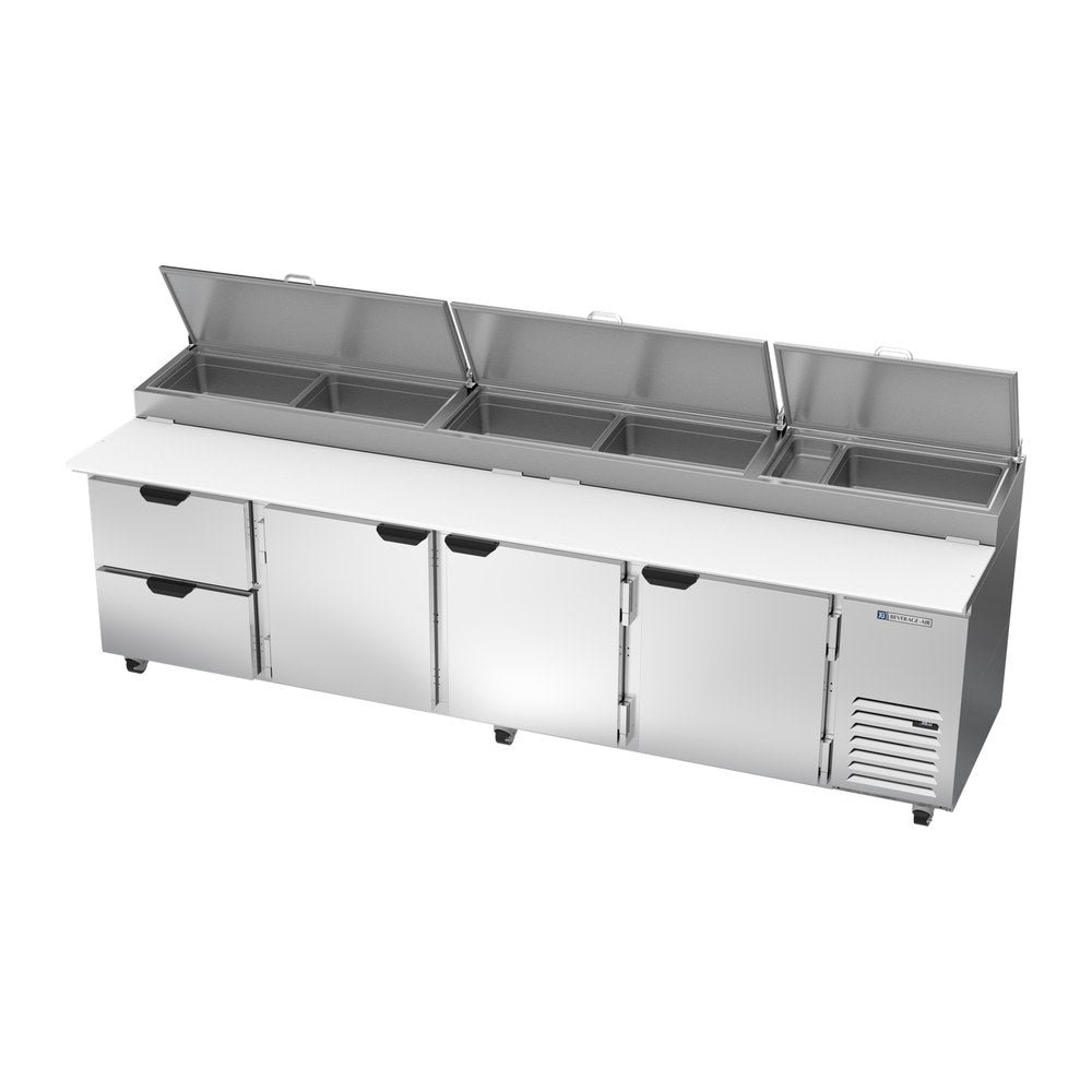 Beverage Air DPD119HC-2 119" three doors and two drawers pizza prep table, side angle view, doors closed
