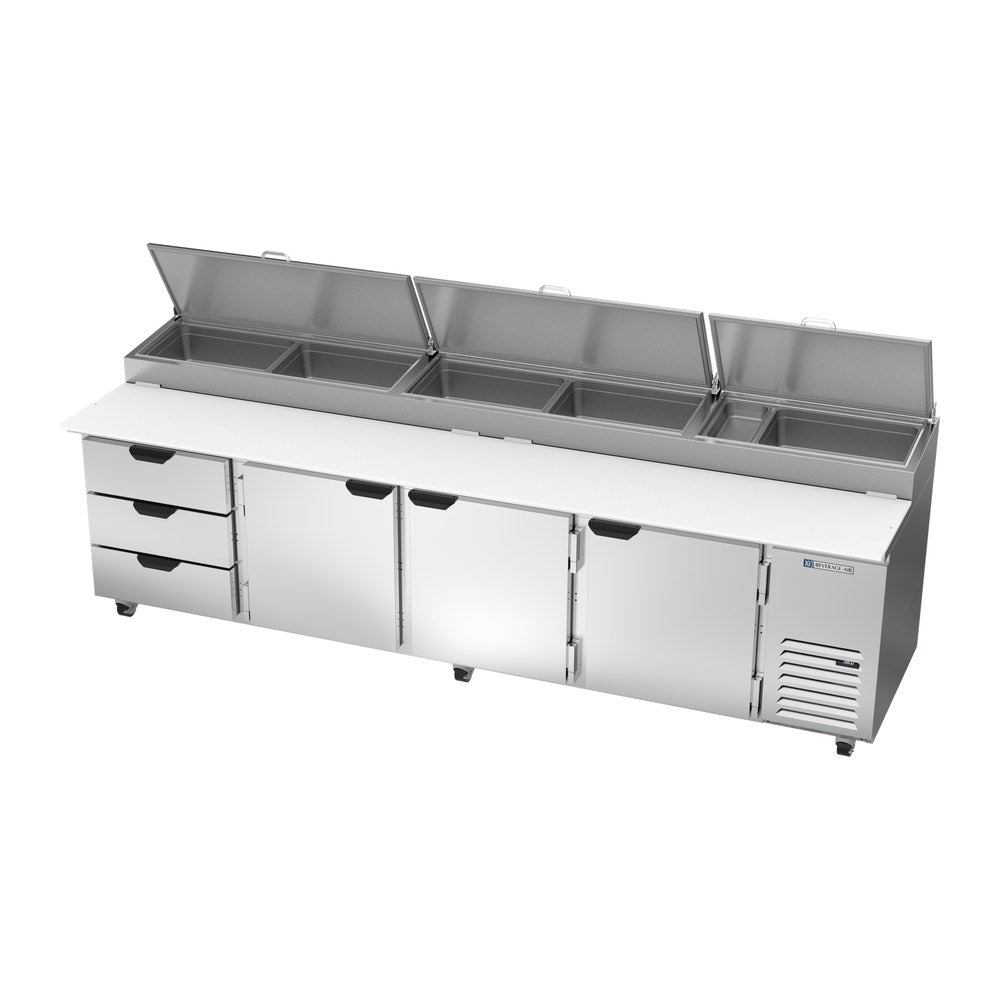 Beverage Air DPD119HC-3 119" three doors and three drawers pizza prep table, side angle view, doors closed