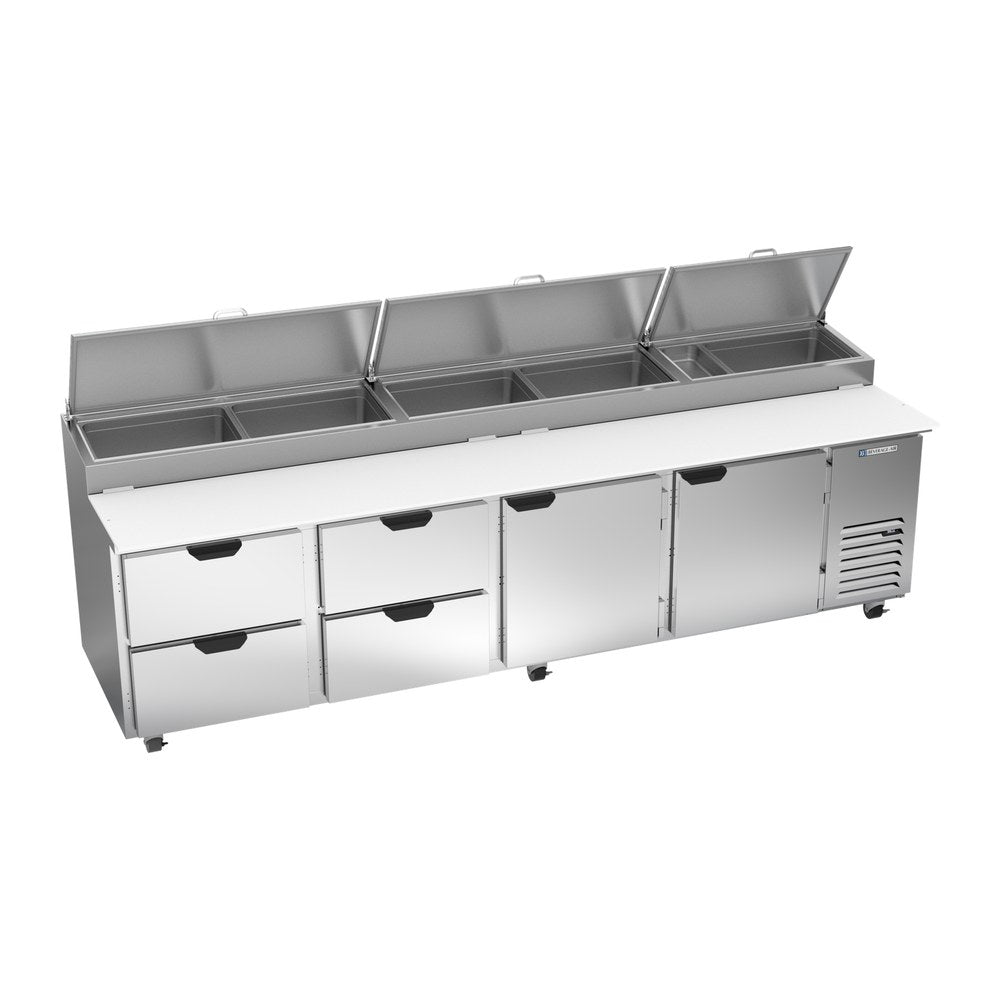 Beverage Air DPD119HC-4 119" two doors and four drawers pizza prep table, front view, doors closed