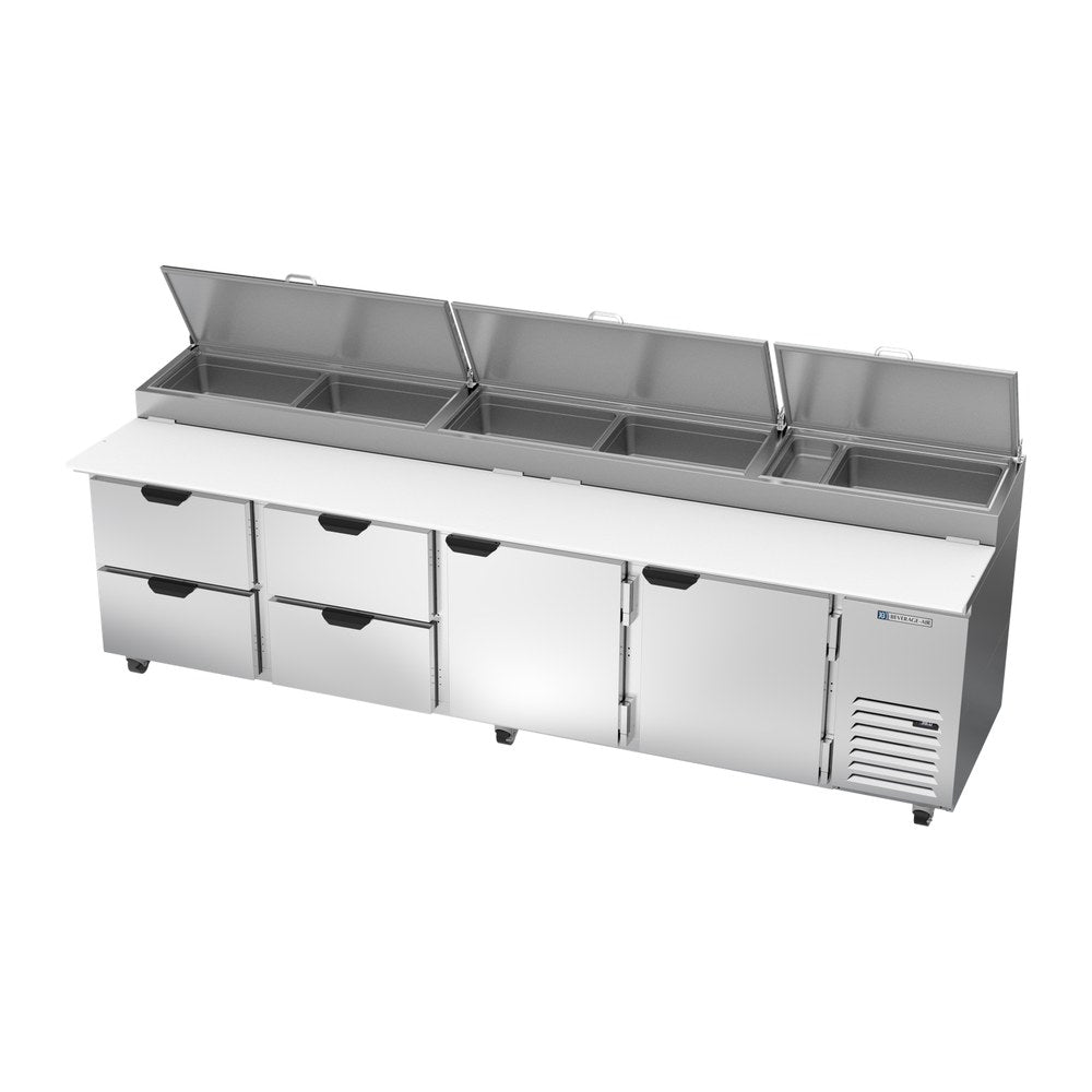 Beverage Air DPD119HC-4 119" two doors and four drawers pizza prep table, side angle view, doors closed