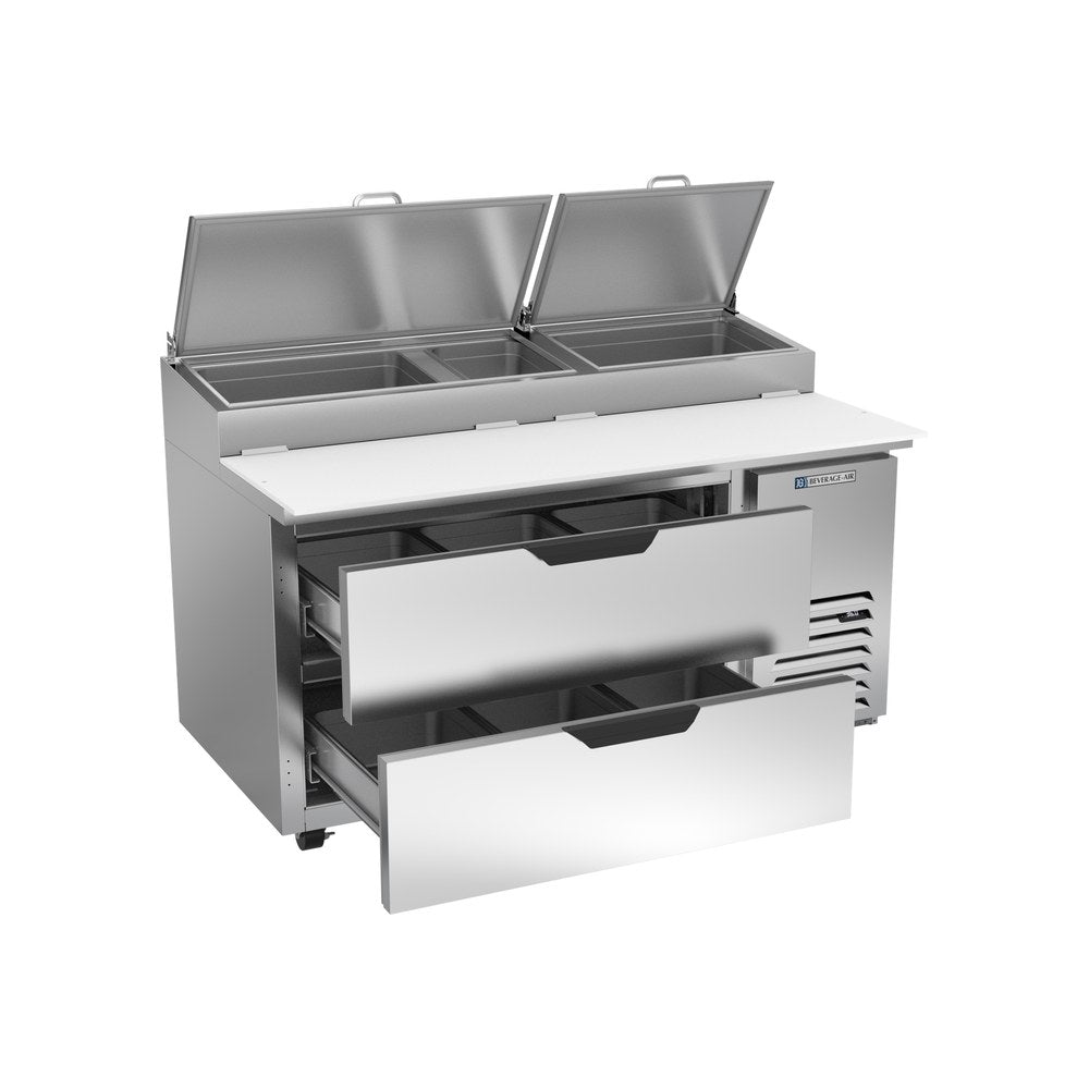 Beverage Air DPD60HC-2 60" two drawers pizza prep table, with the door open showing the interior