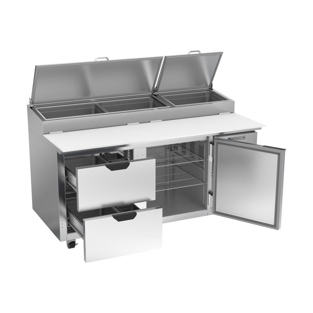 Beverage Air DPD67HC-2 67" one door and two drawers pizza prep table, with the door open showing the interior