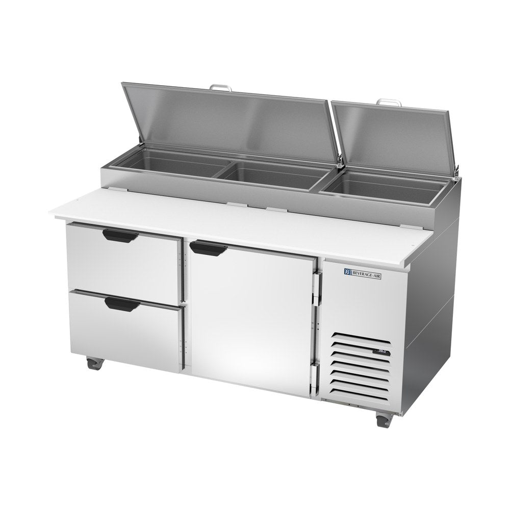 Beverage Air DPD67HC-2 67" one door and two drawers pizza prep table, side angle view, door closed