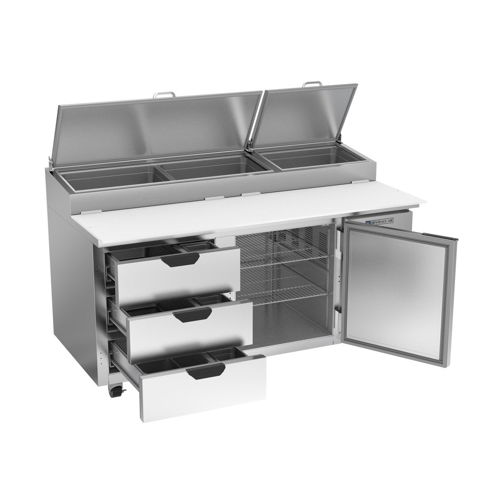 Beverage Air DPD67HC-3 67" one door and three drawers pizza prep table, with the door open showing the interior