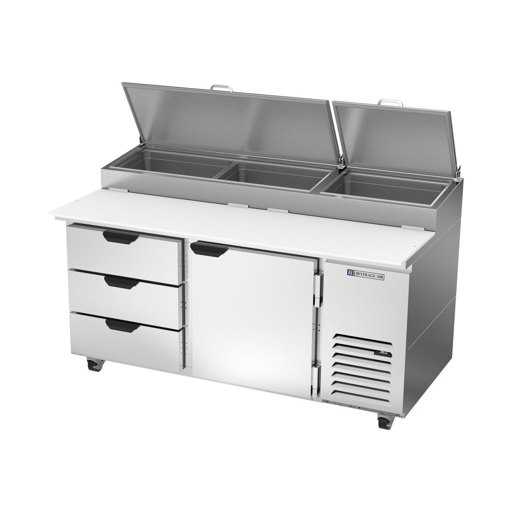 Beverage Air DPD67HC-3 67" one door and three drawers pizza prep table, side angle view, door closed