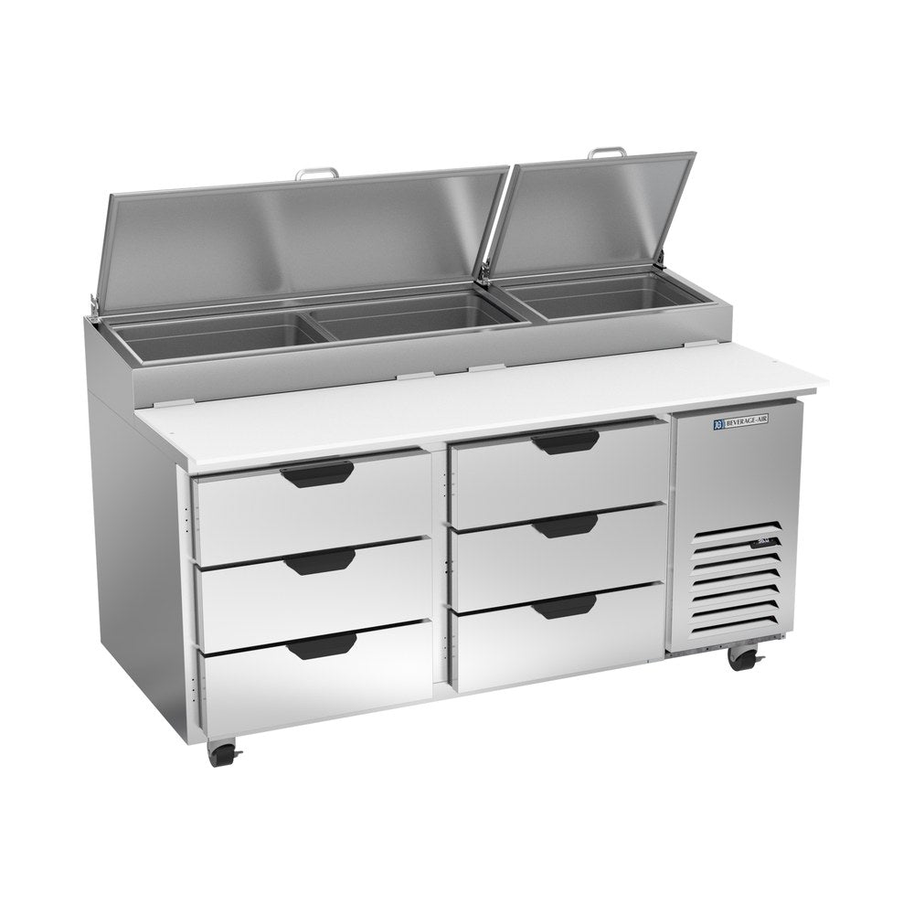 Beverage Air DPD67HC-6 67" six drawers pizza prep table, front view, door closed