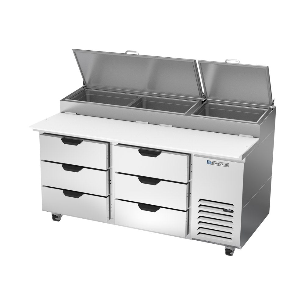 Beverage Air DPD67HC-6 67" six drawers pizza prep table, side angle view, door closed